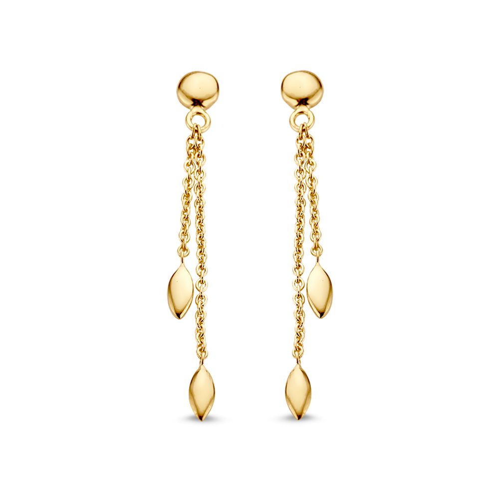 Boucles d'oreilles en or jaune avec de longs pendentifs et des éléments dorés.
