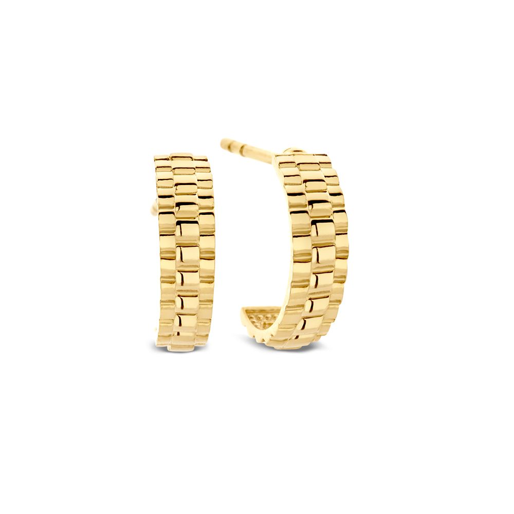 Boucles d'oreilles en or jaune avec 'mailles Rolex' – Boucles d'oreilles élégantes et raffinées - Van der Kooij