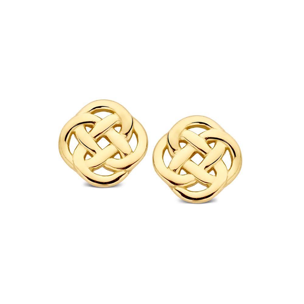 Boucles d'oreilles en or jaune avec un motif tissé, forme ronde et finition brillante.