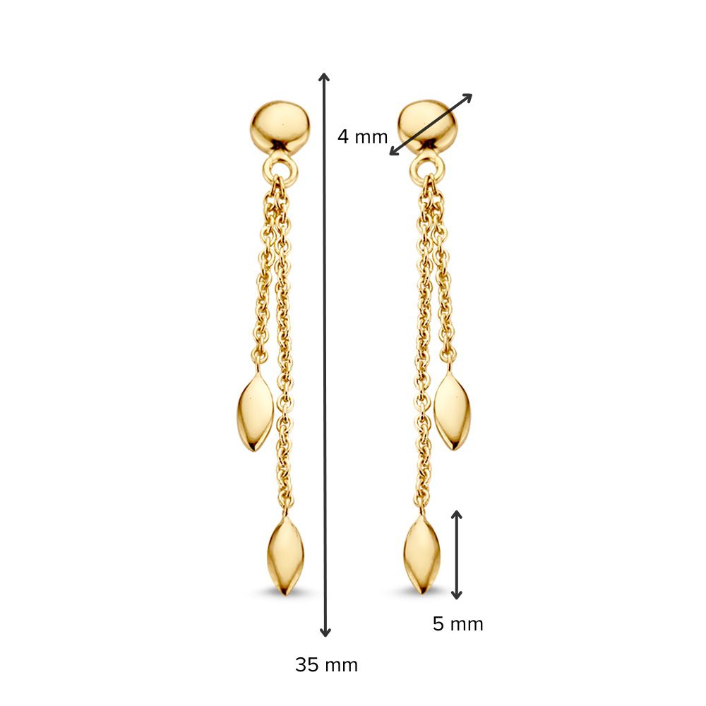 Puces d'oreilles en or jaune 14K avec longs pendentifs et éléments en or