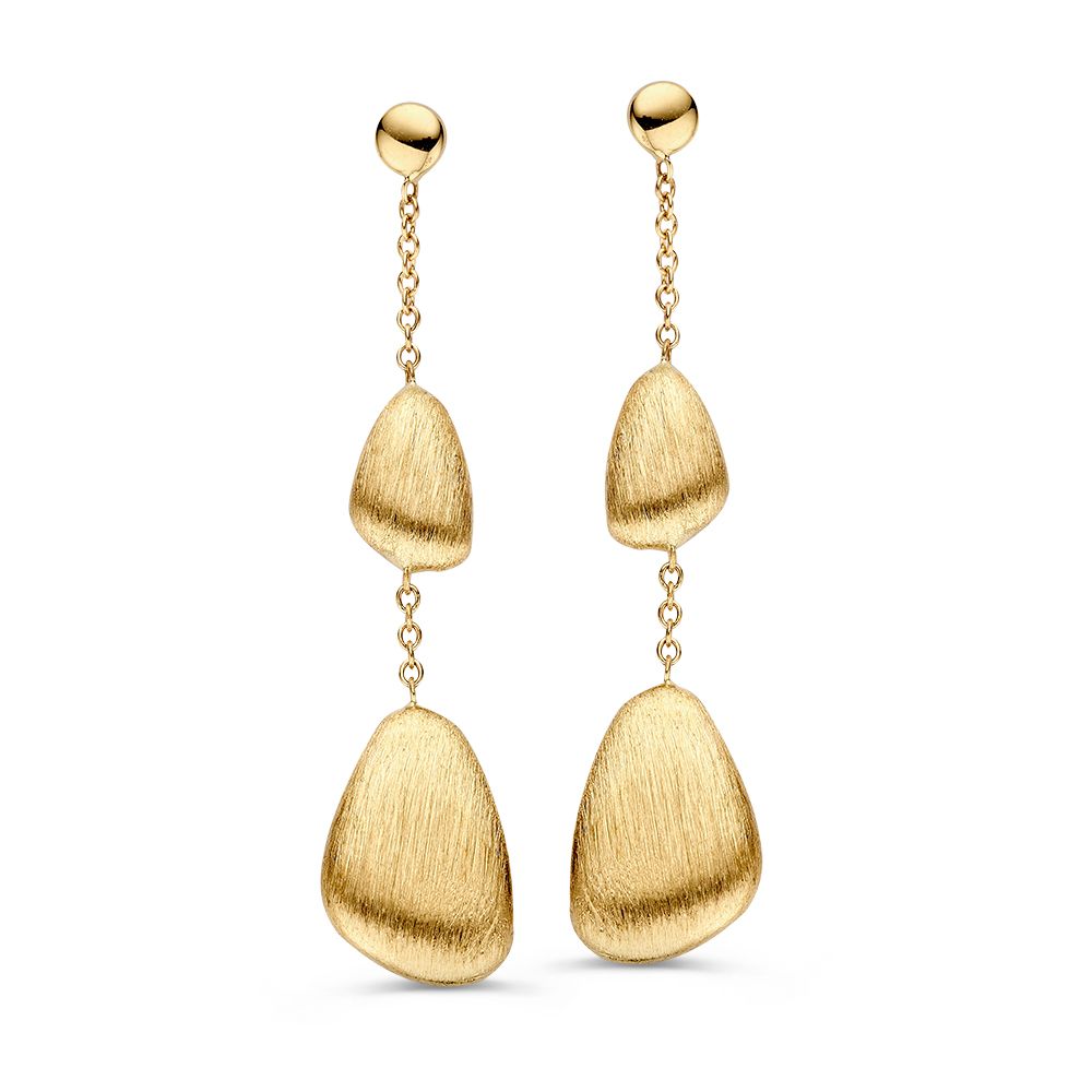 Boucles d'oreilles en or jaune avec des éléments en or mat en forme organique, suspendus.