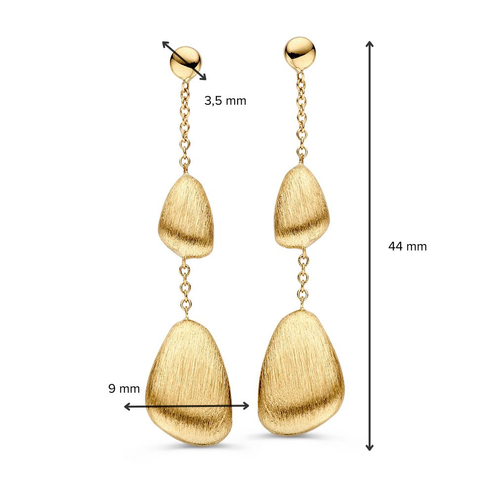 Superbes Boucles d'oreilles en Or Jaune avec Éléments en Or Mat Suspendus en Forme Organique – Or 14 Carats