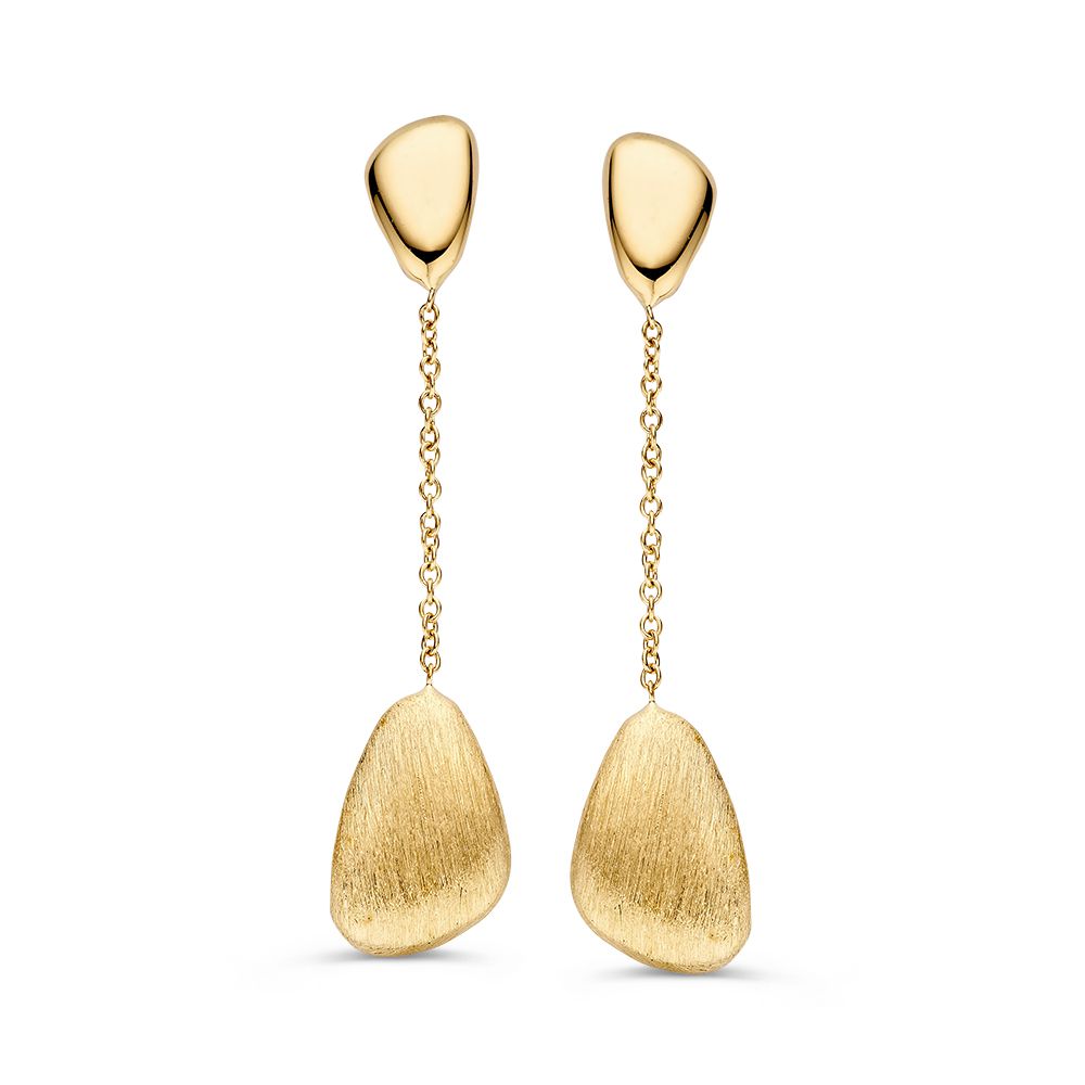 Boucles d'oreilles en or jaune 14 carats avec une forme organique, suspendues par une chaîne délicate.