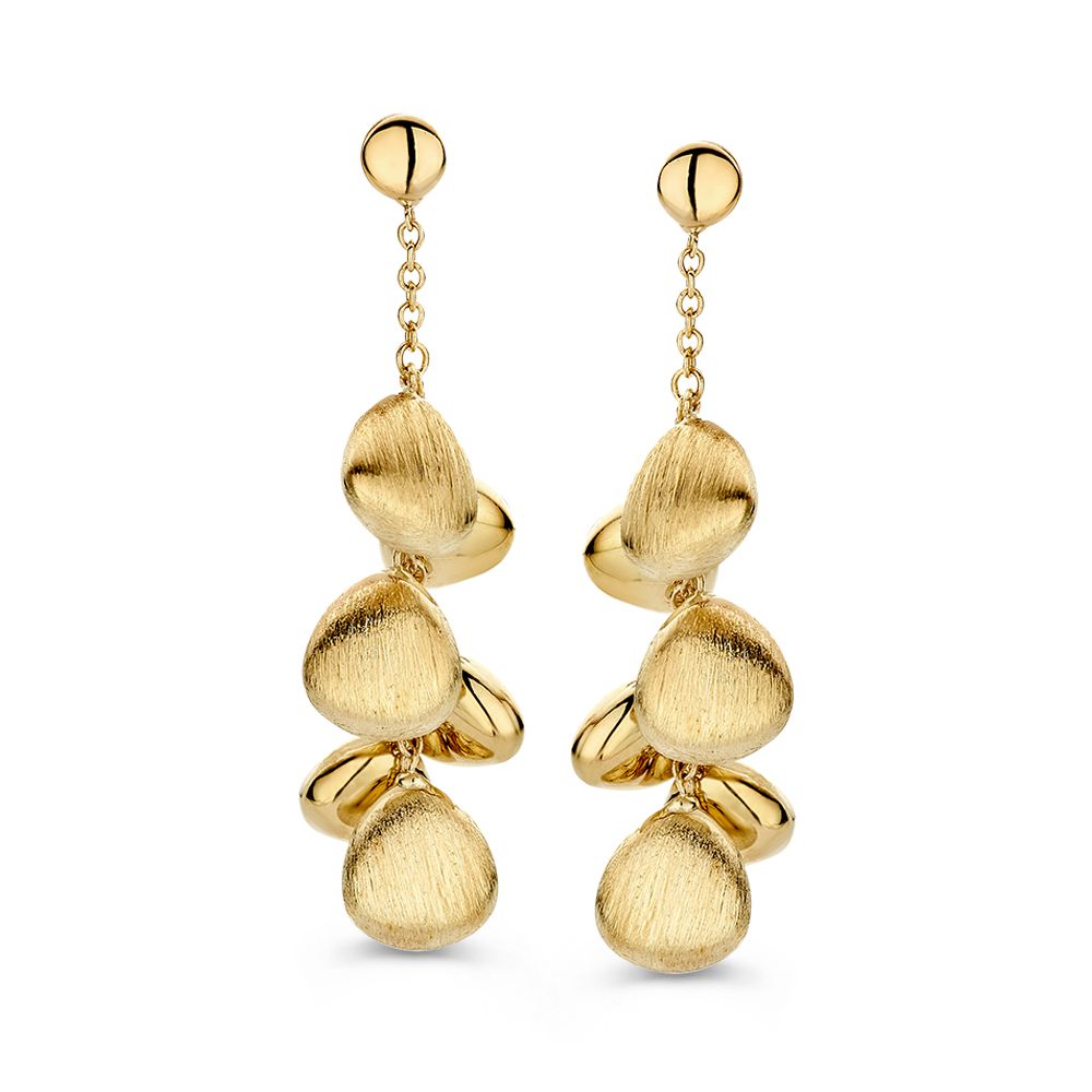 Boucles d'oreilles en or jaune 14 carats avec des éléments en forme de goutte, finition texturée.