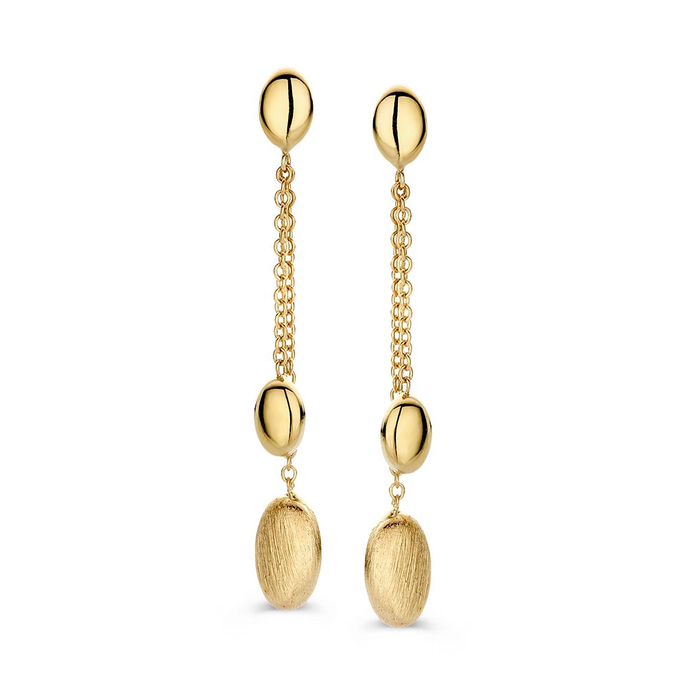Boucles d'oreilles en or jaune 14 carats avec deux éléments pendants en forme ovale.