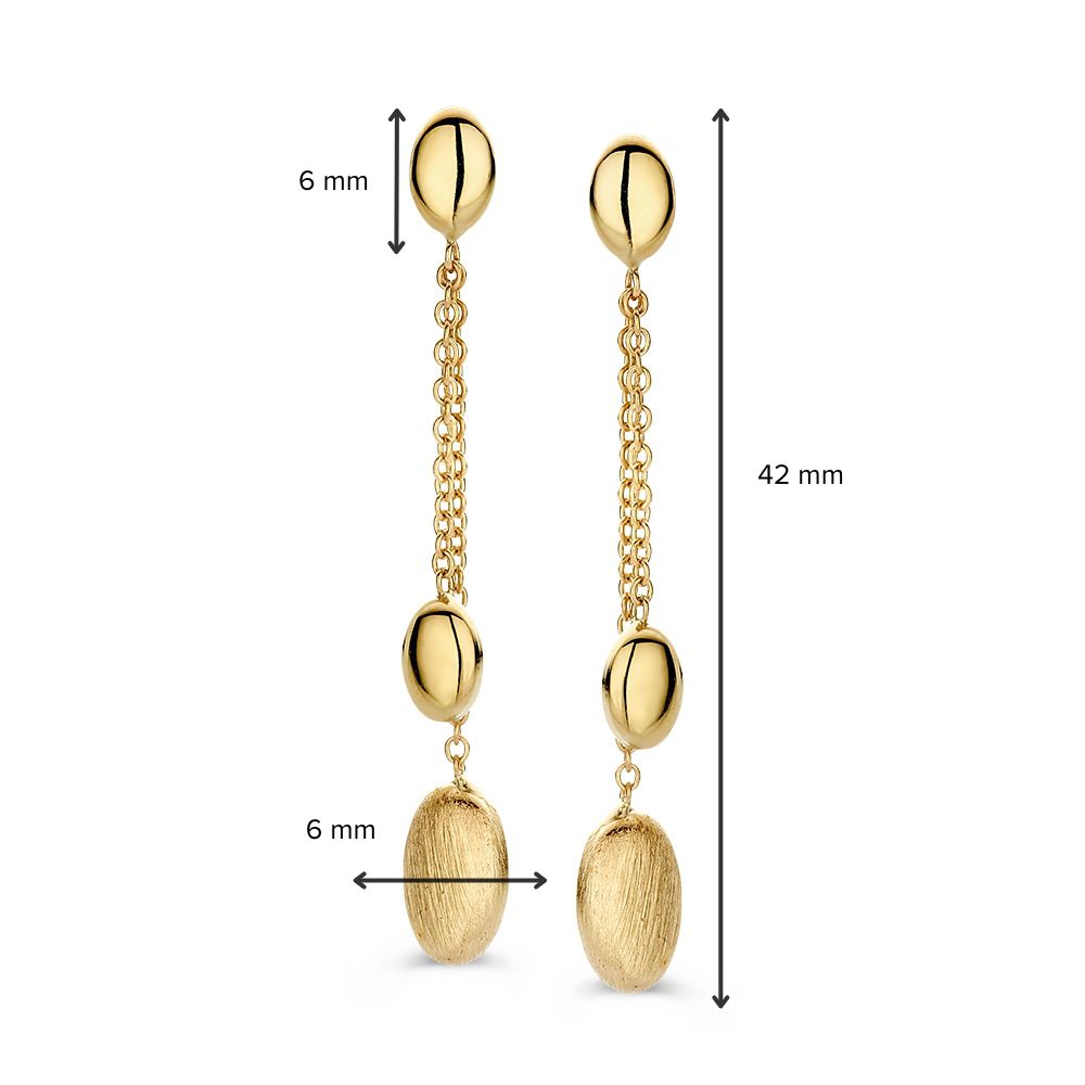 Boucles d'oreilles en or jaune ludiques avec deux éléments en or suspendus – 14 carats