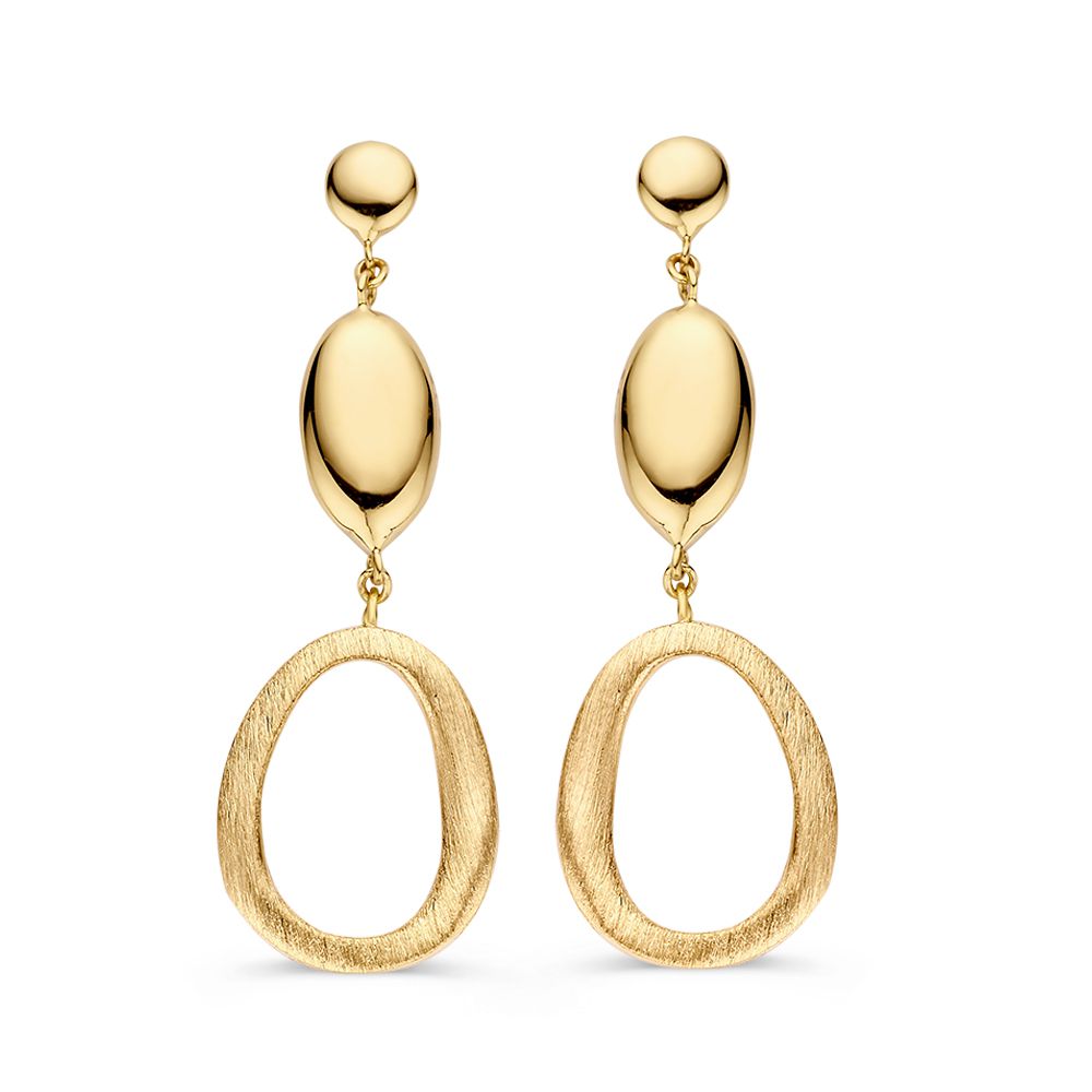 Boucles d'oreilles en or jaune 14 carats avec des éléments pendants, de forme ovale et texturée.
