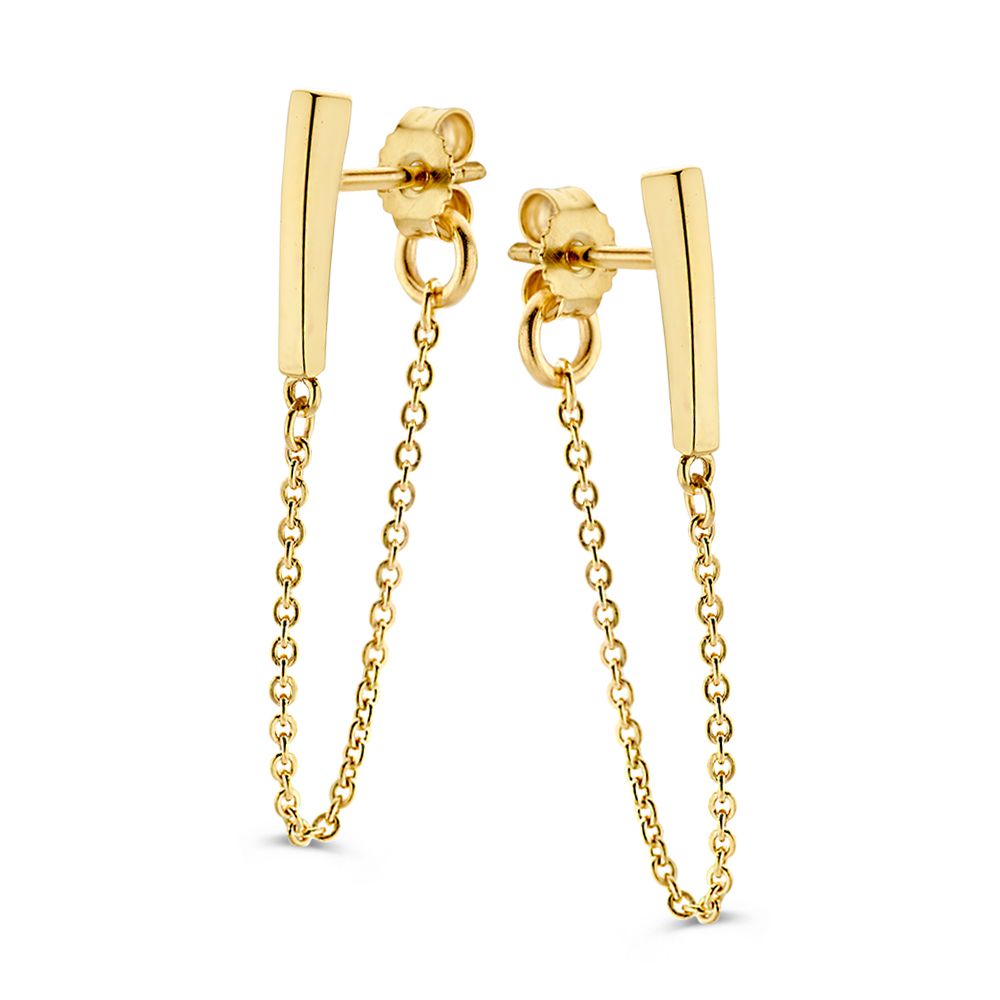 Boucles d'oreilles en or jaune 14K avec des zirconias et une chaîne dorée.