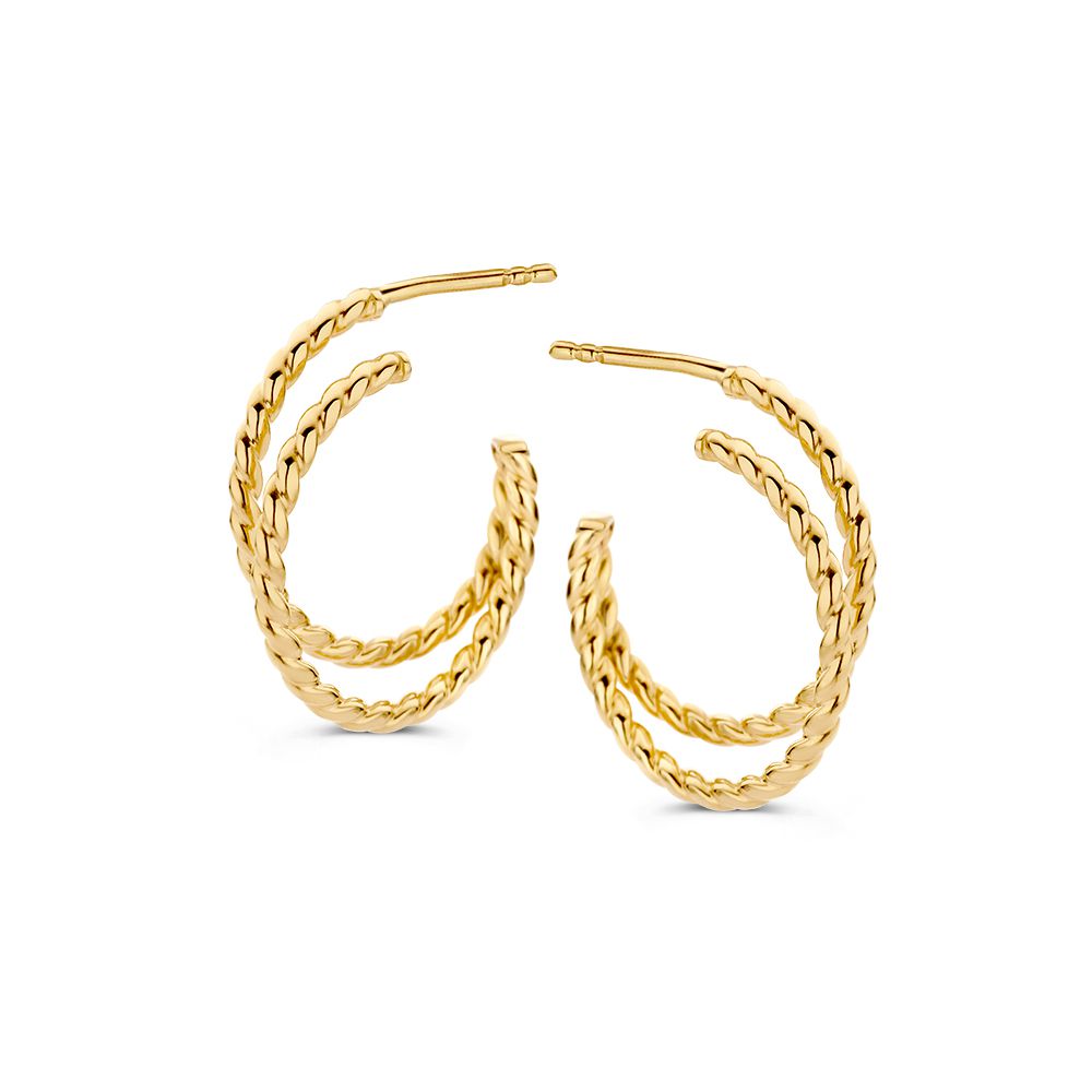 Boucles d'oreilles en or jaune 14 carats avec double bande et finition torsadée.