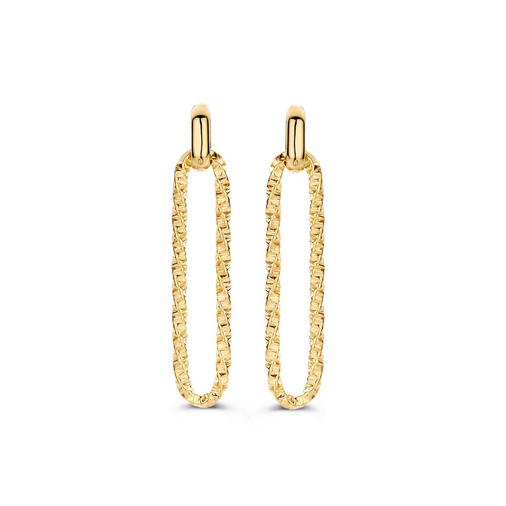 Boucles d'oreilles en or jaune 14 carats avec maillons en forme de paperclip travaillés.