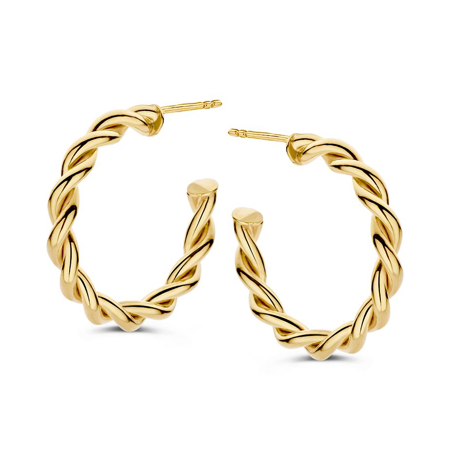 Boucles d'oreilles en or jaune 14 carats avec un design en bande torsadée.
