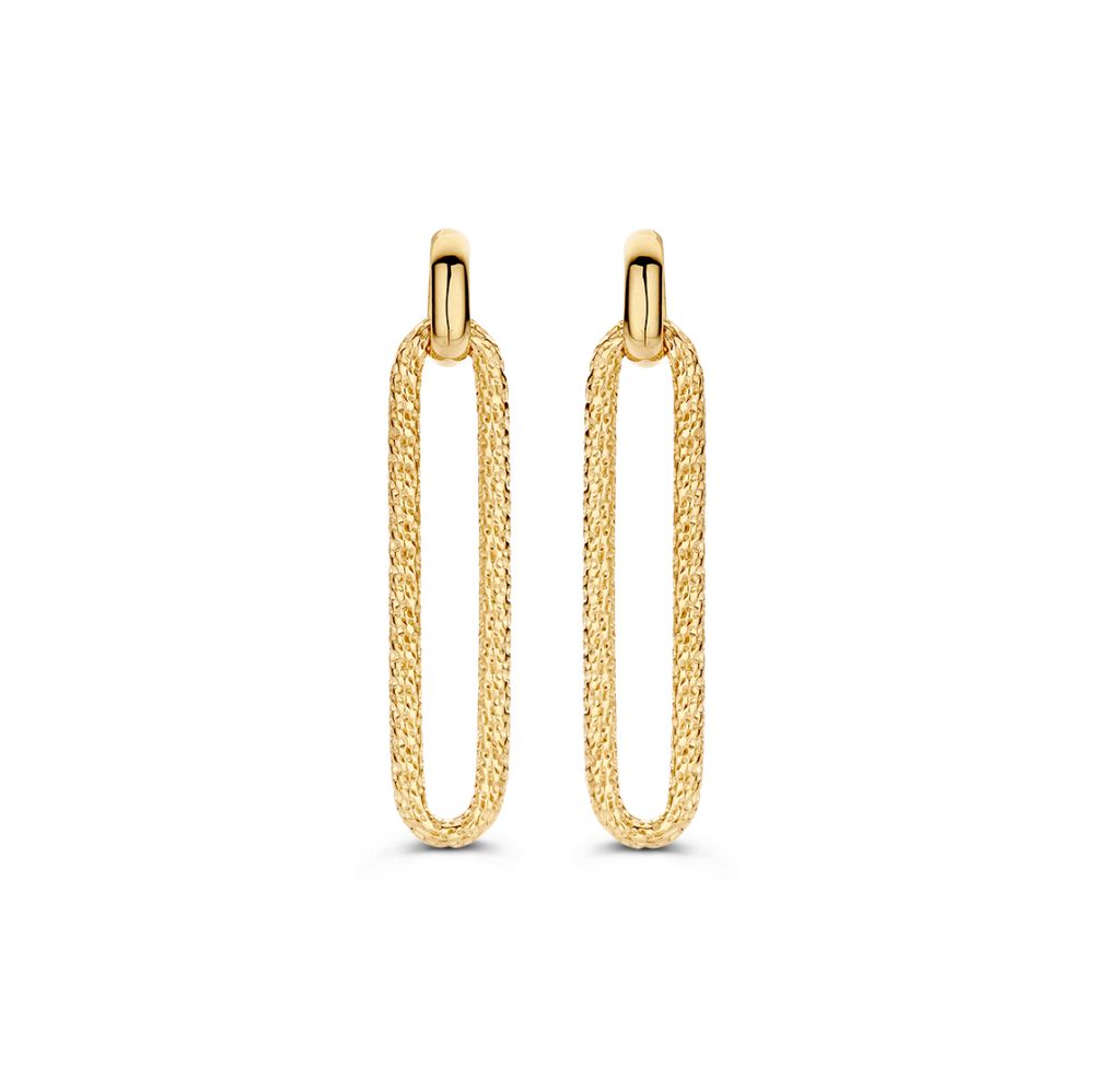 Boucles d'oreilles en or jaune 14 carats avec maillons en forme de paperclip travaillés.