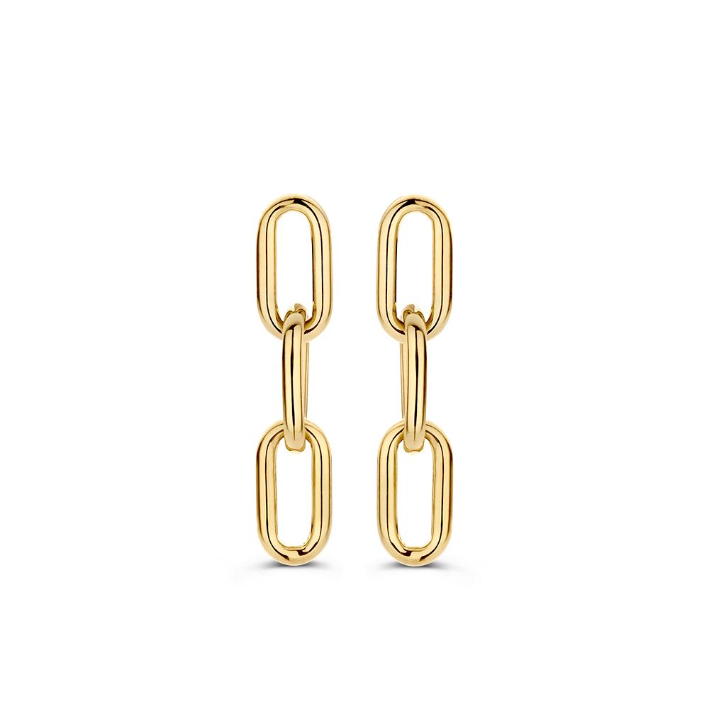 Boucles d'oreilles en or jaune 14 carats avec un design en maillons de type trombone.