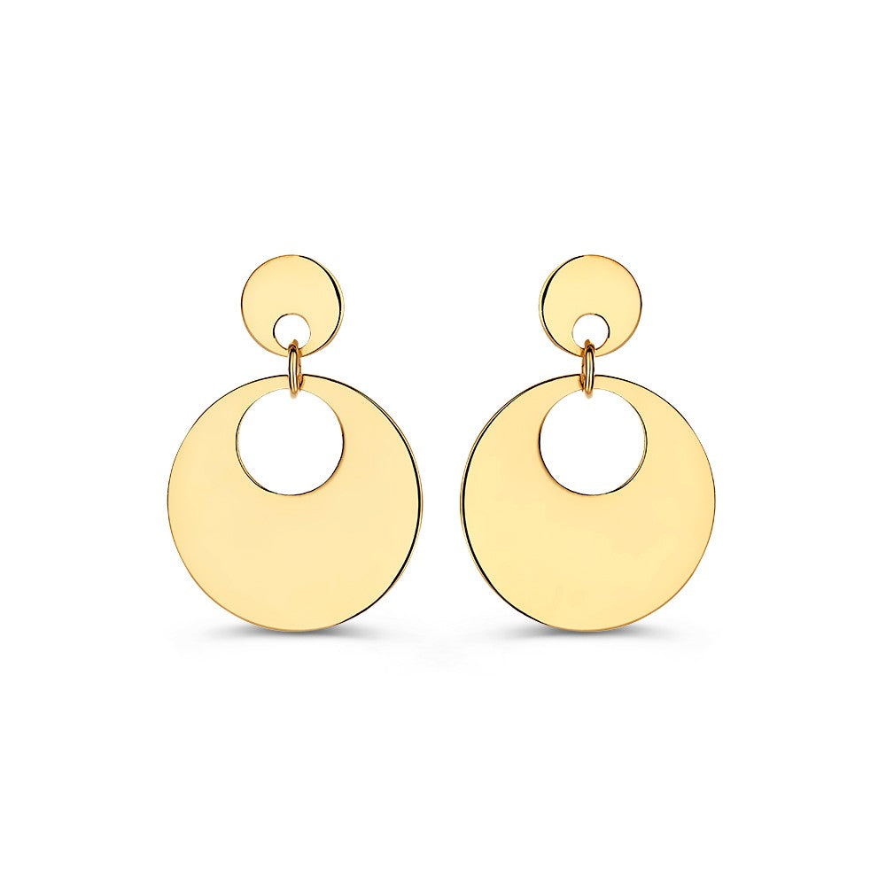 Boucles d'oreilles en or jaune 14 carats avec des éléments pendants en forme de cercles.