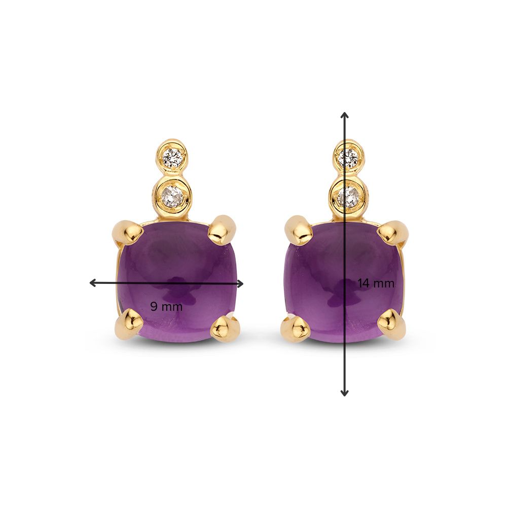 Boucles d'oreilles en or jaune coloré avec améthyste violette et diamants dans des boîtiers ronds – or 14 carats