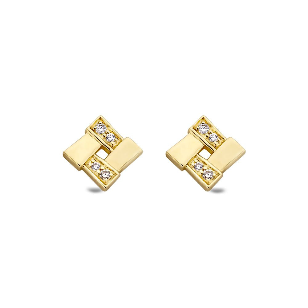 Boucles d'oreilles en or jaune 14 carats avec des diamants, forme carrée et détails brillants.