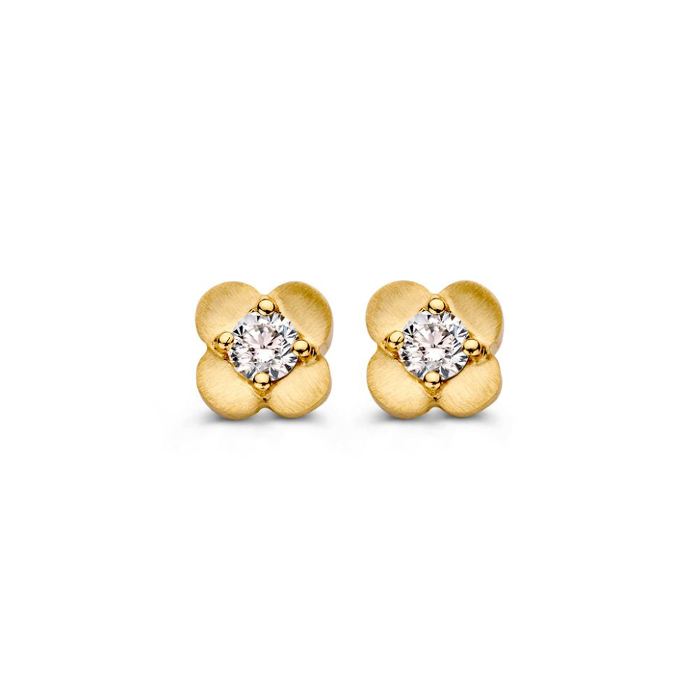 Boucles d'oreilles en or jaune en forme de fleur avec diamant, en or 14 carats.