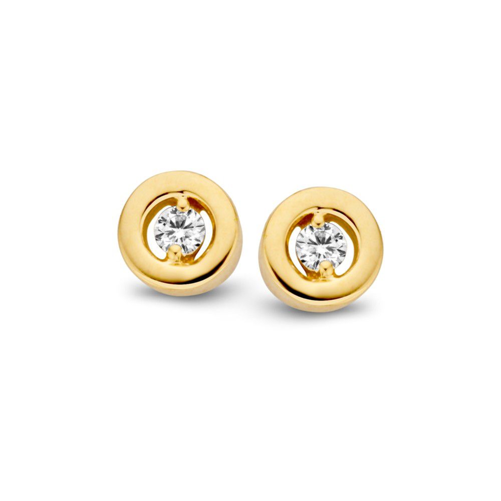 Boucles d'oreilles en or jaune 14 carats avec un brillant serti dans un chaton rond.