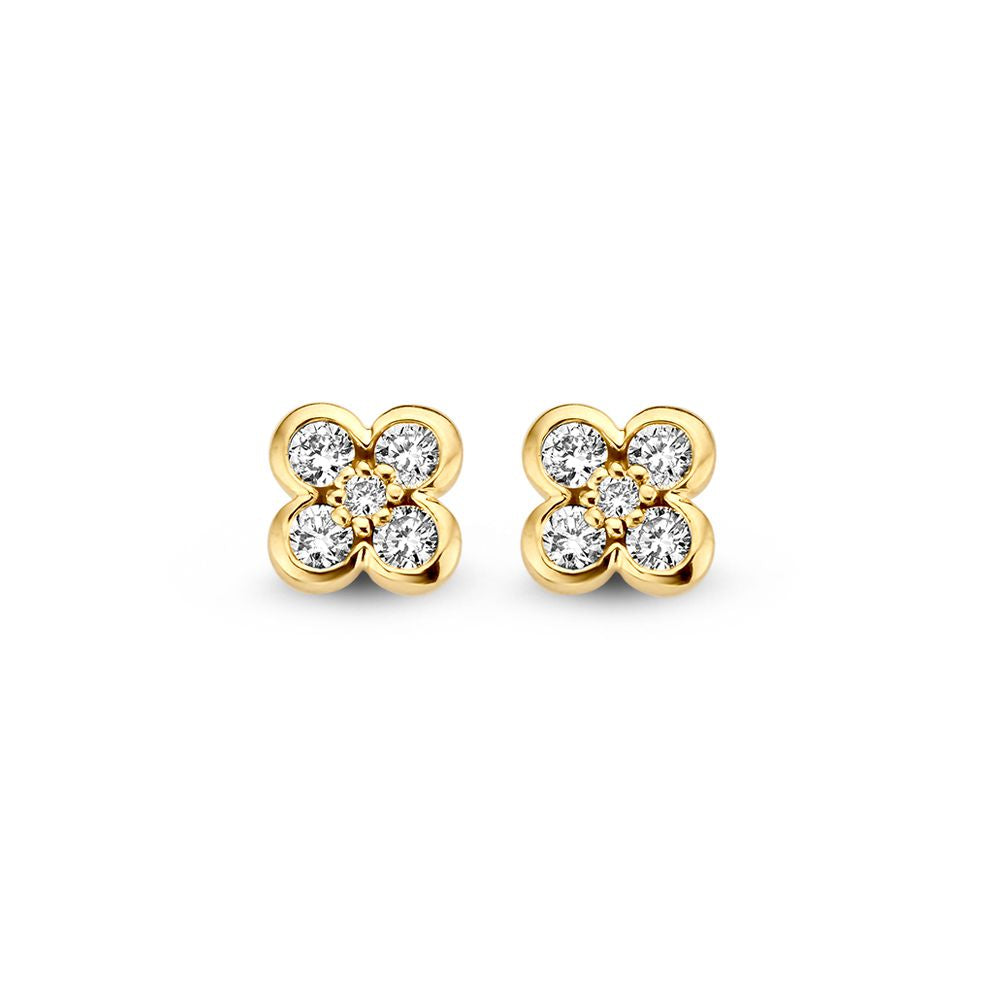 Boucles d'oreilles en or jaune ornées de diamants brillants de 0,12 crt, en forme de fleur.