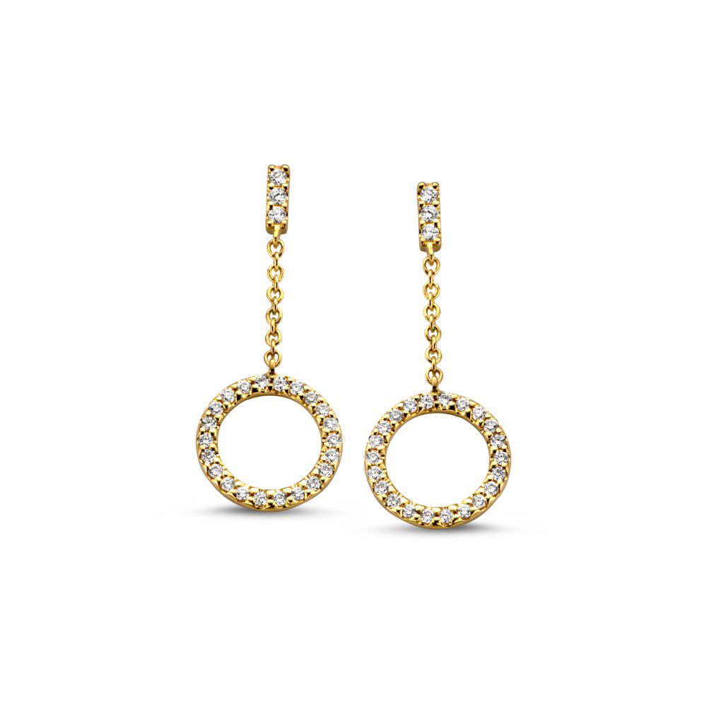 Boucles d'oreilles en or jaune avec des pendentifs en diamants de 0,12 crt, en forme de cercles.