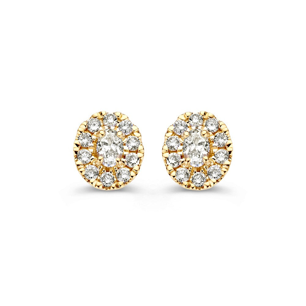 Boucles d'oreilles en or jaune 14 carats avec un halo de diamants et une pierre centrale en forme d'ovale.