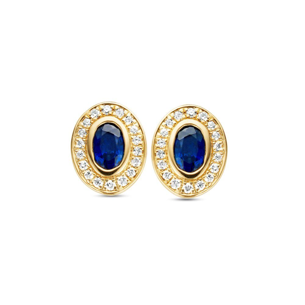 Boucles d'oreilles en or jaune avec saphirs bleus et diamants, forme ovale.