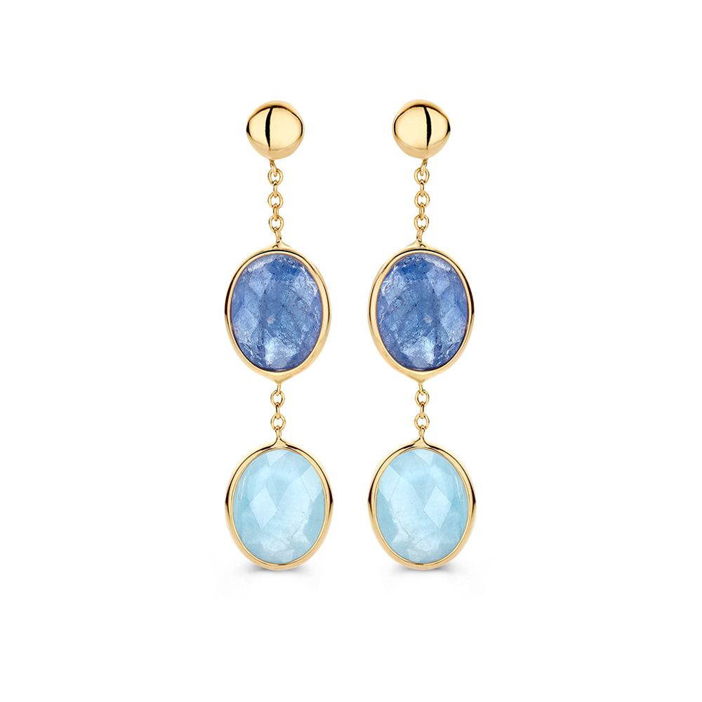 Boucles d'oreilles en or jaune avec des pierres précieuses ovales en aquamarine et tanzanite.