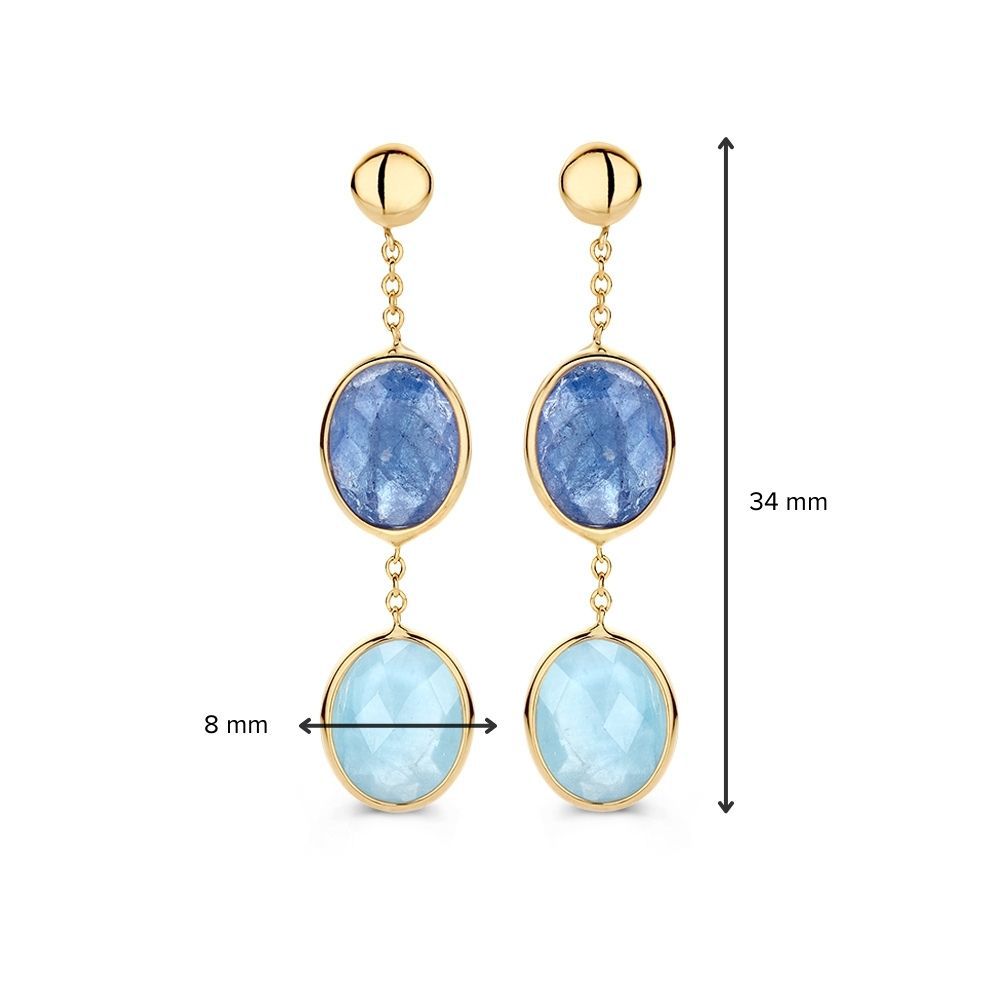 Boucles d'oreilles en or jaune avec aquamarine et tanzanite – pierres précieuses bleues de luxe