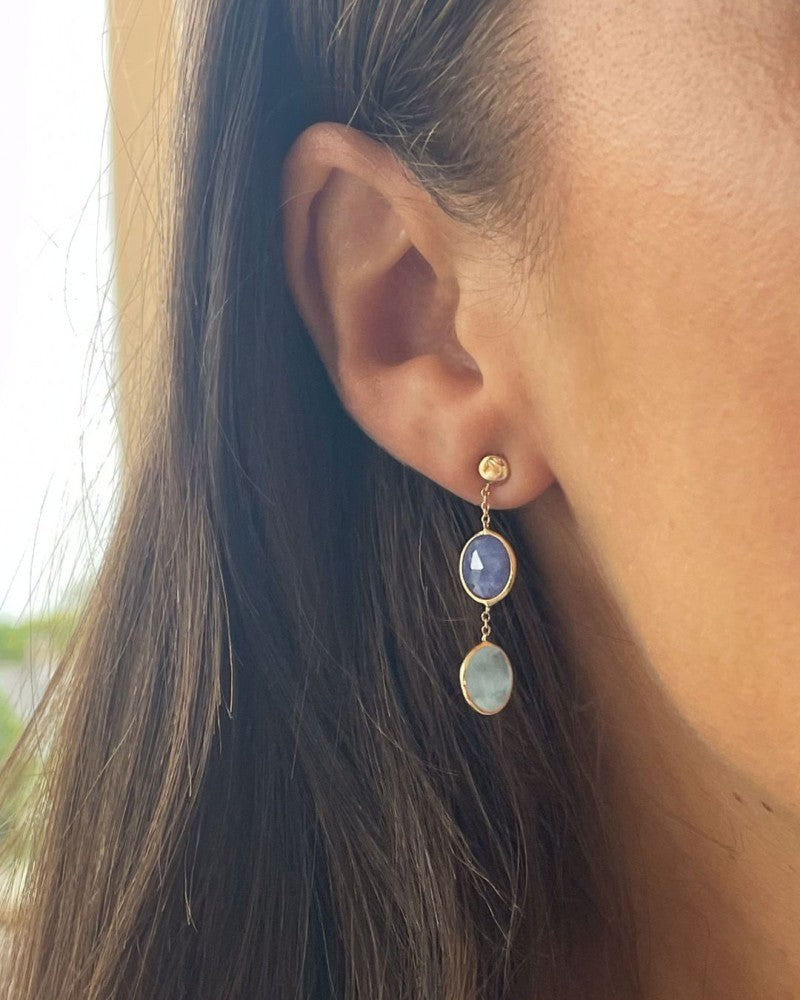 Geelgouden Oorhangers met Aquamarijn en Tanzaniet – Luxe Blauw Gekleurde Edelstenen