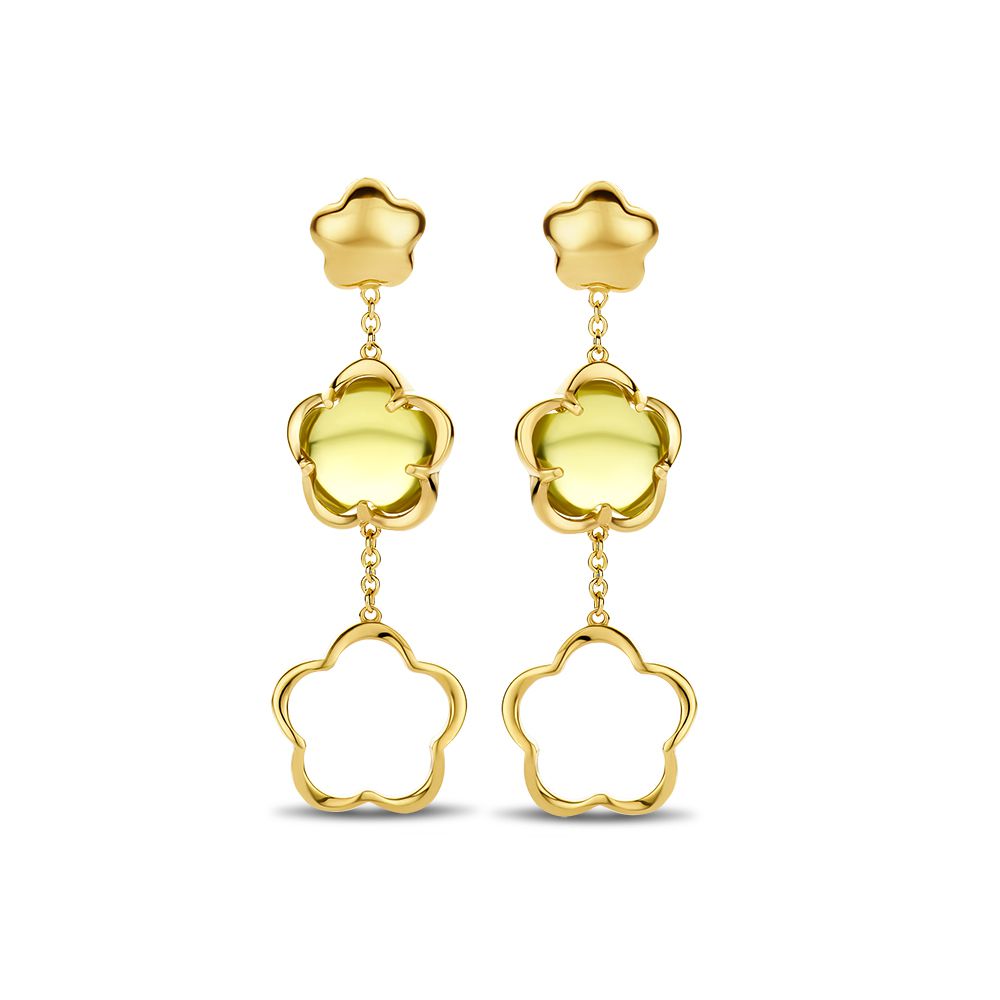 Boucles d'oreilles en or jaune avec pendentif en forme de fleur en quartz vert.