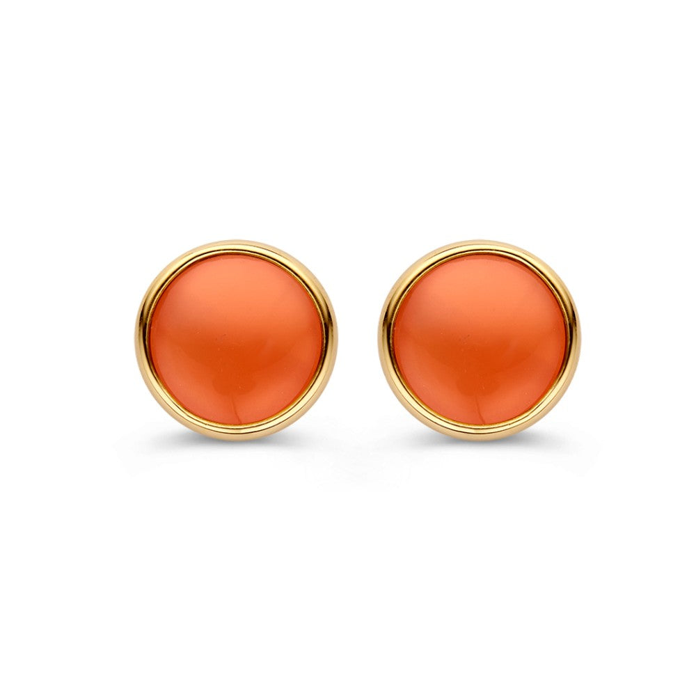 Boucles d'oreilles en or jaune avec des pierres de lune roses, forme ronde et finition lisse.