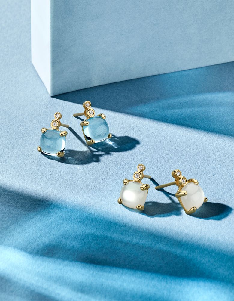Boucles d'oreilles élégantes avec pierre de lune et diamant en or jaune 14 carats