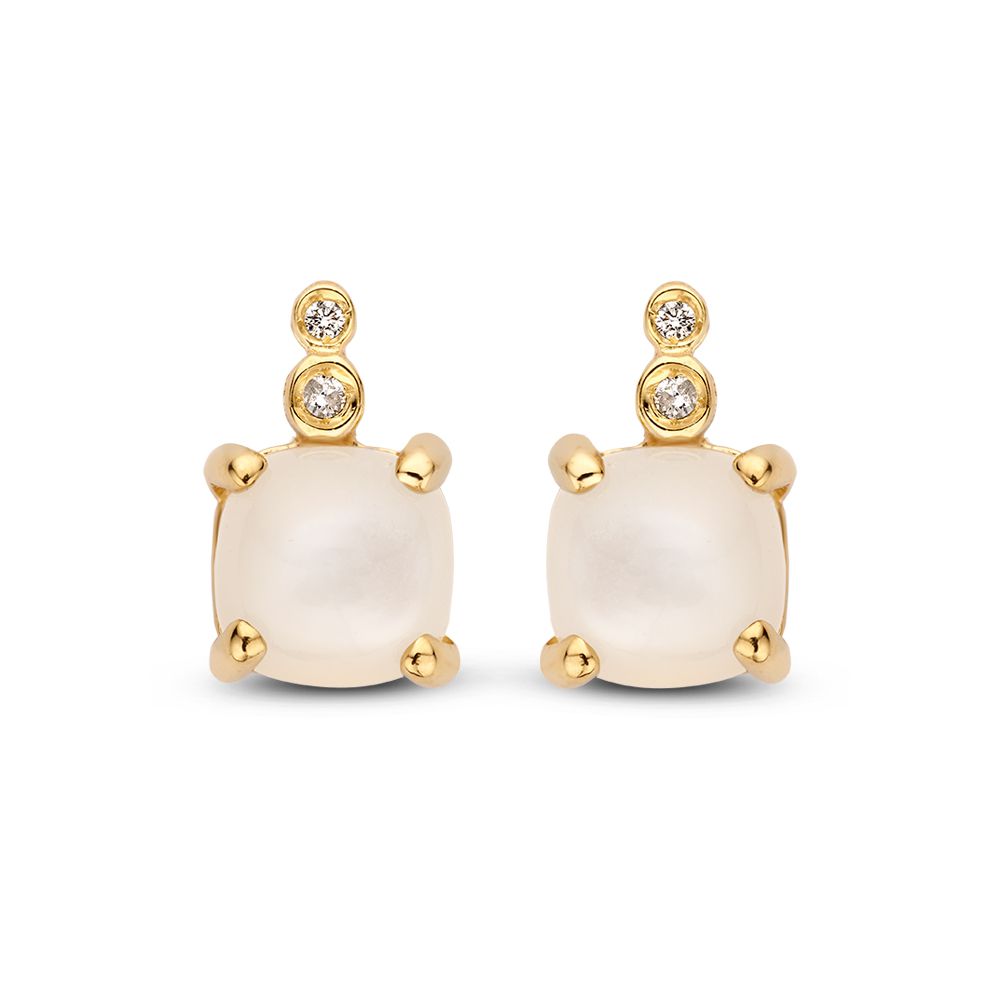 Boucles d'oreilles élégantes en or jaune 14 carats avec une pierre de lune et des diamants.