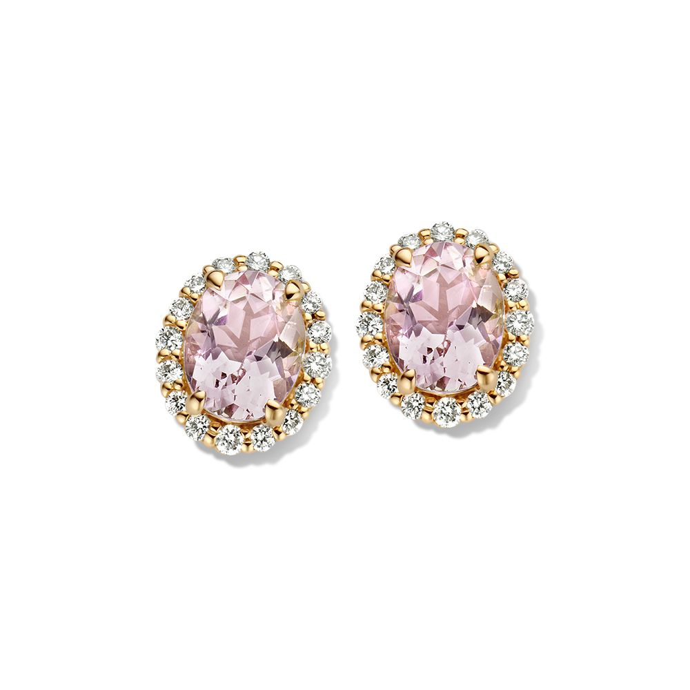 Boucles d'oreilles en or jaune 14 carats avec morganite rose et diamants, forme ovale.