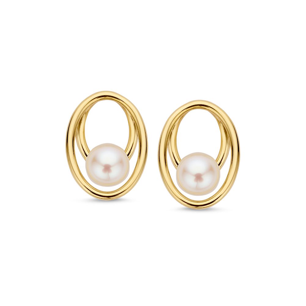 Boucles d'oreilles en or jaune 14 carats avec perles dans un design ludique.