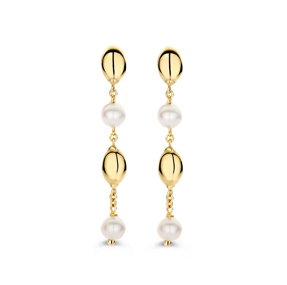 Boucles d'oreilles en or jaune 14 carats avec des perles et des éléments dorés, design ludique.