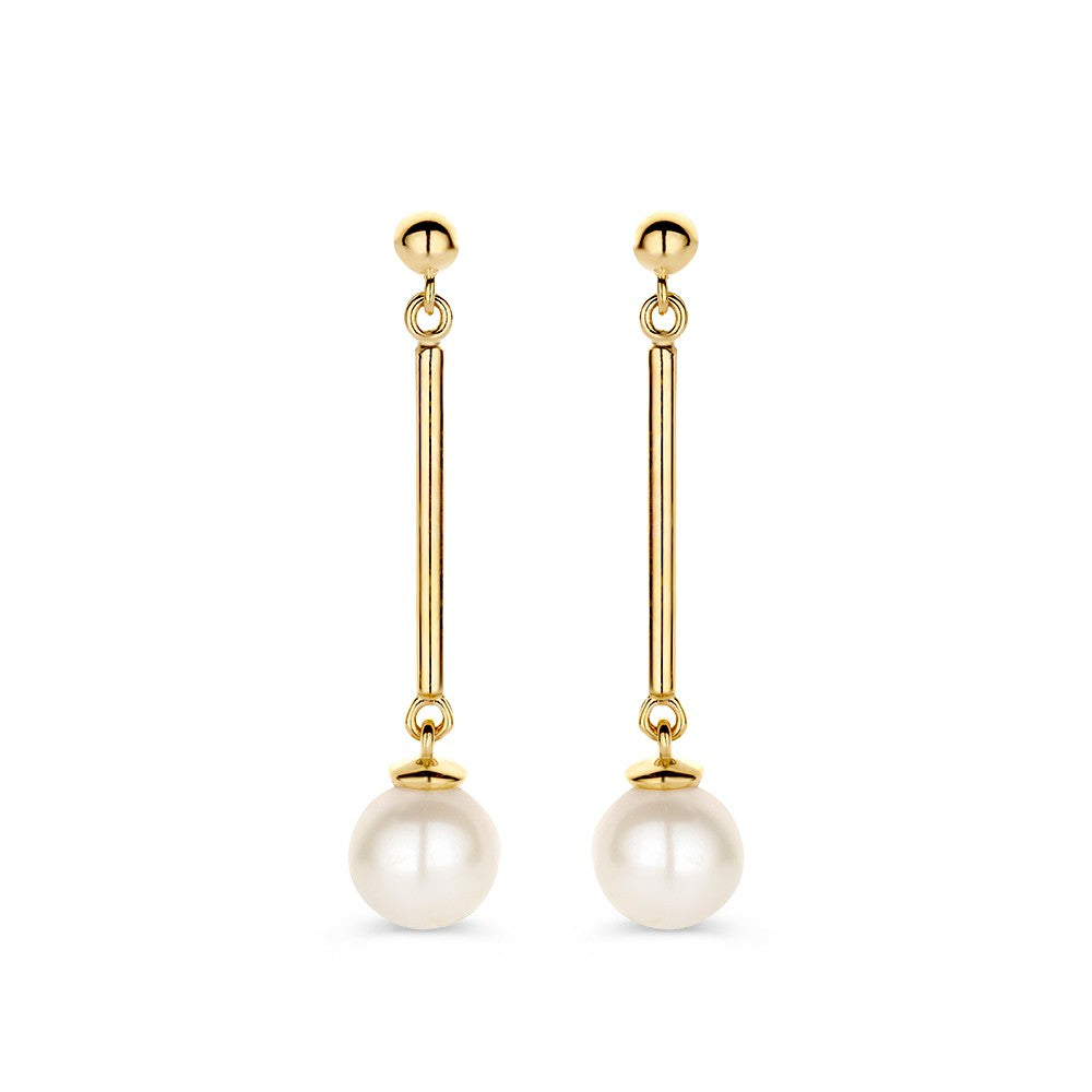 Boucles d'oreilles en or jaune 14 carats avec de longs tiges et perles blanches.