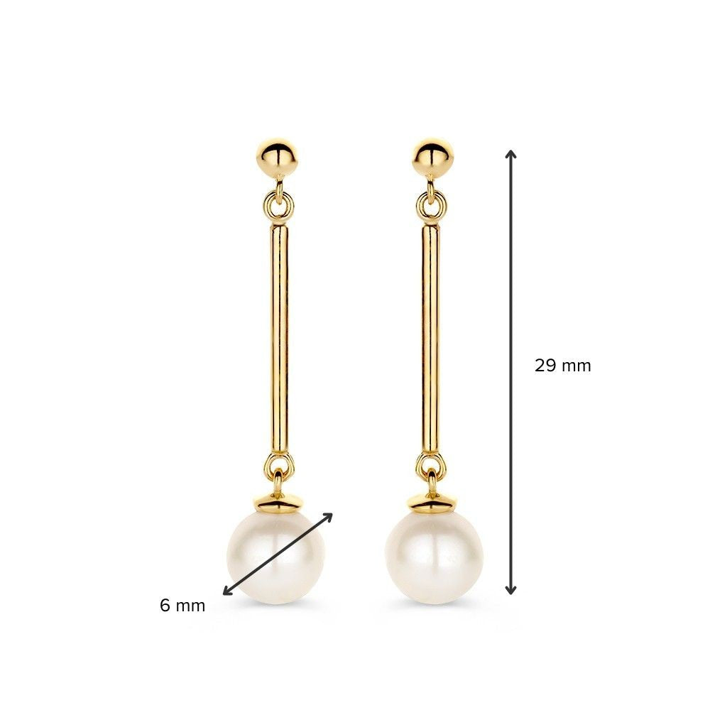 Boucles d'oreilles en or jaune avec longues tiges et perle 14 carats