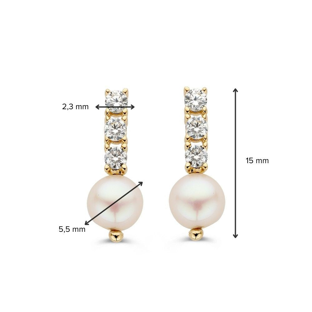 Puces d'oreilles en or jaune avec zircone et perles 14 carats