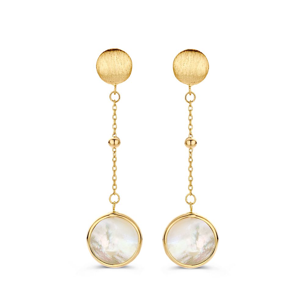 Boucles d'oreilles en or jaune 14 carats avec pendants en nacre, forme ronde et finition texturée.