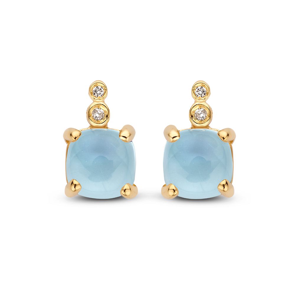 Boucles d'oreilles en or jaune 14 carats avec cabochon de topaze bleue et diamants.