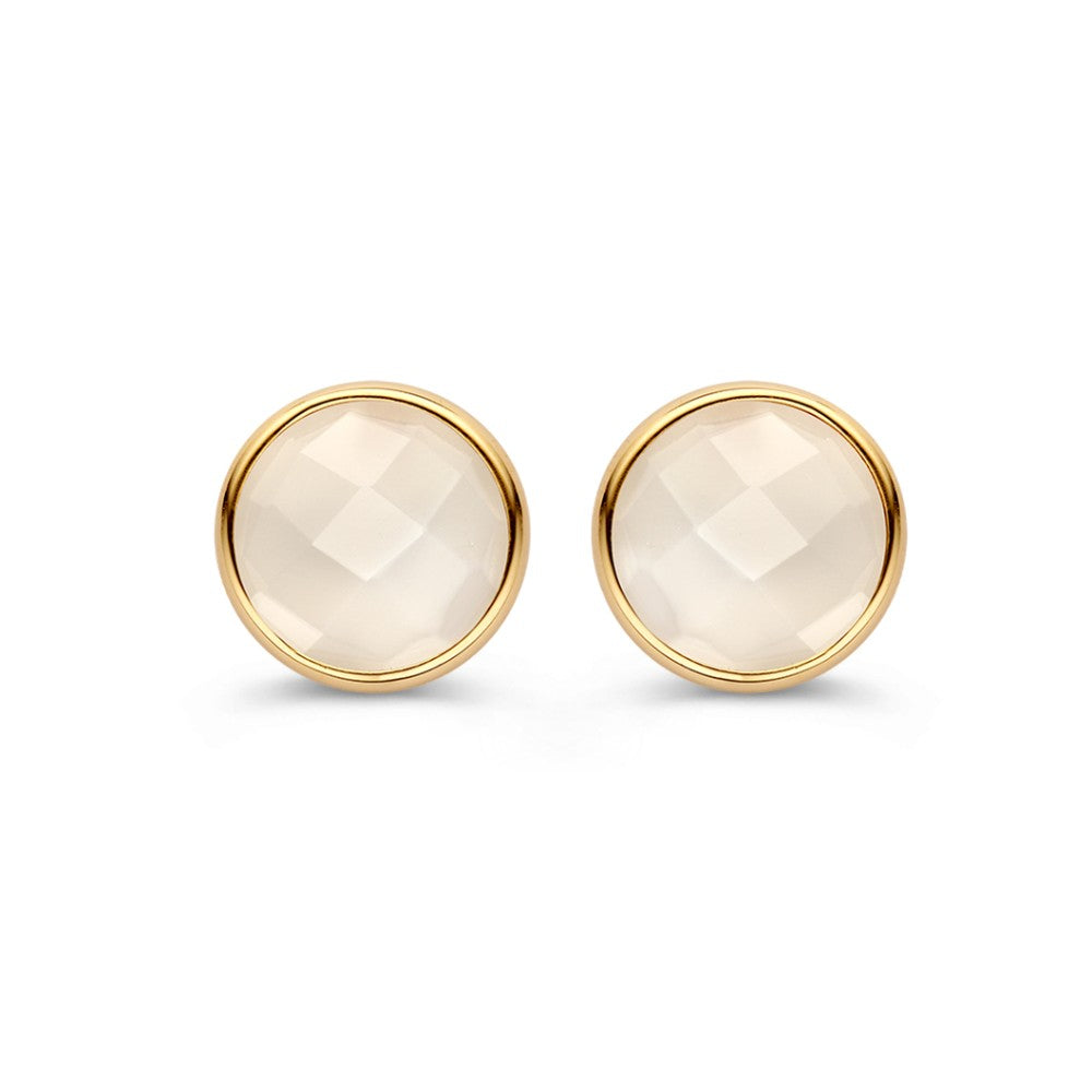 Boucles d'oreilles en or jaune élégant avec pierre de lune blanche, finition polie.