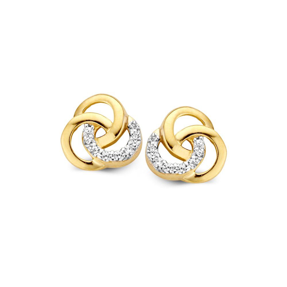 Boucles d'oreilles en or jaune 14 carats avec des zirkonias, design élégant en forme de spirale.