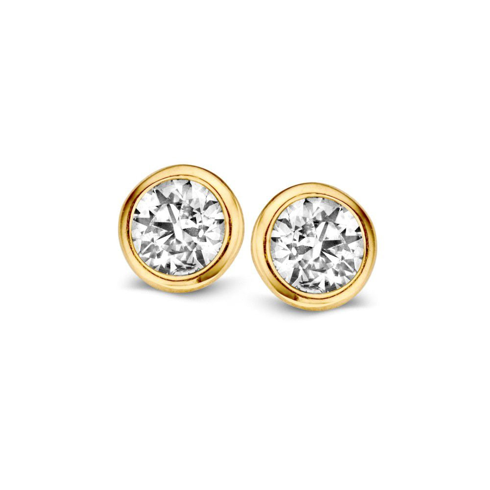 Boucles d'oreilles en or jaune 14 carats avec zirconiums blancs, design classique et élégant.
