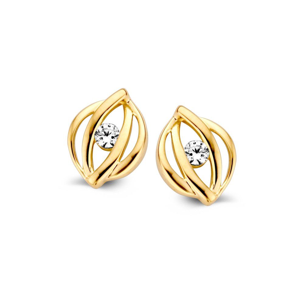 Boucles d'oreilles en or jaune 14 carats avec des zirkonias, design élégant en forme de pétales.
