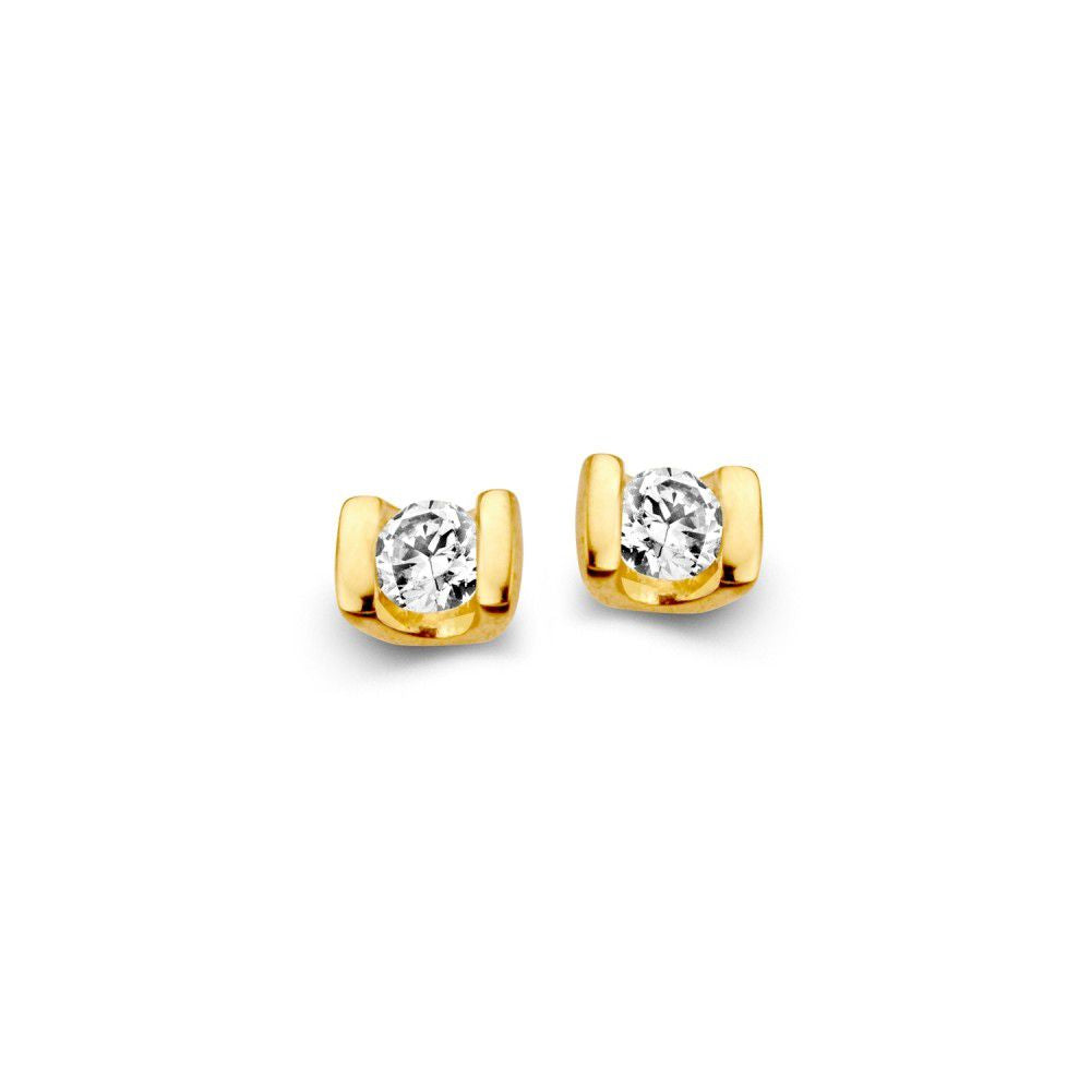 Boucles d'oreilles en or jaune 14 carats avec zirconia, design simple et brillant.