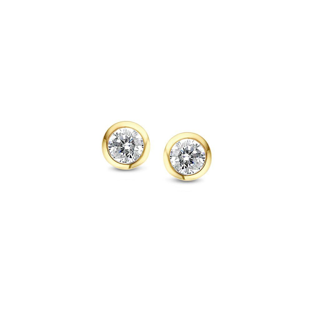 Boucles d'oreilles en or jaune 14 carats avec zirconia blanche, forme ronde.