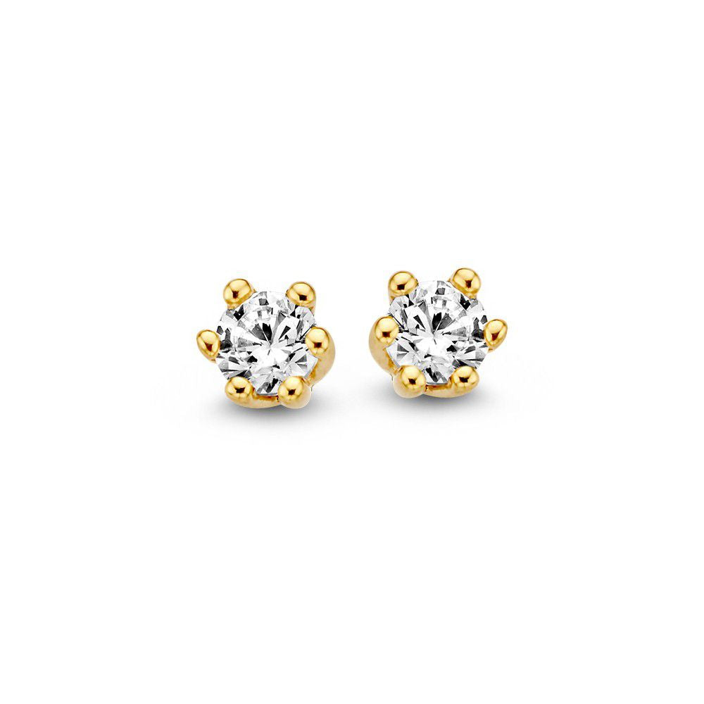 Boucles d'oreilles en or jaune 14 carats avec zirconia, design classique et brillant.
