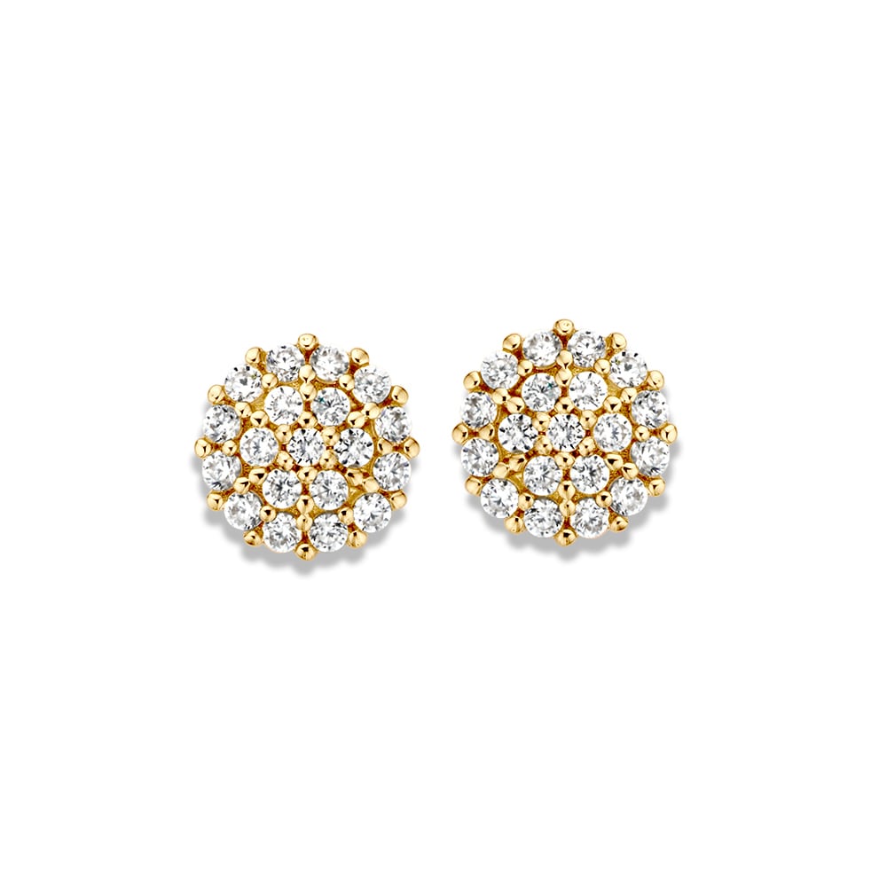 Boucles d'oreilles en or jaune 14 carats ornées de zirkonias, de forme ronde et subtile.