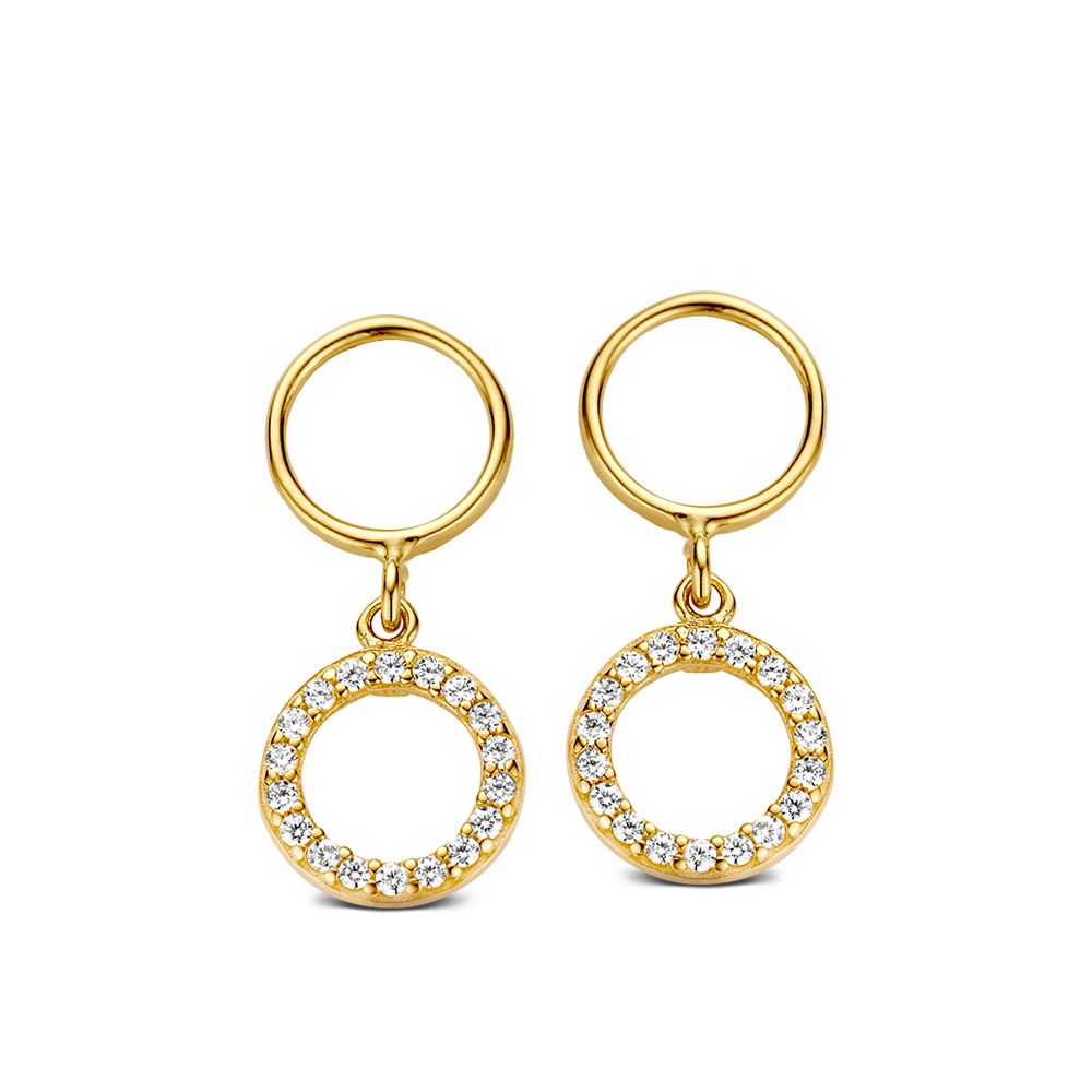 Boucles d'oreilles en or jaune 14 carats avec des zircons, forme ronde et élégante.